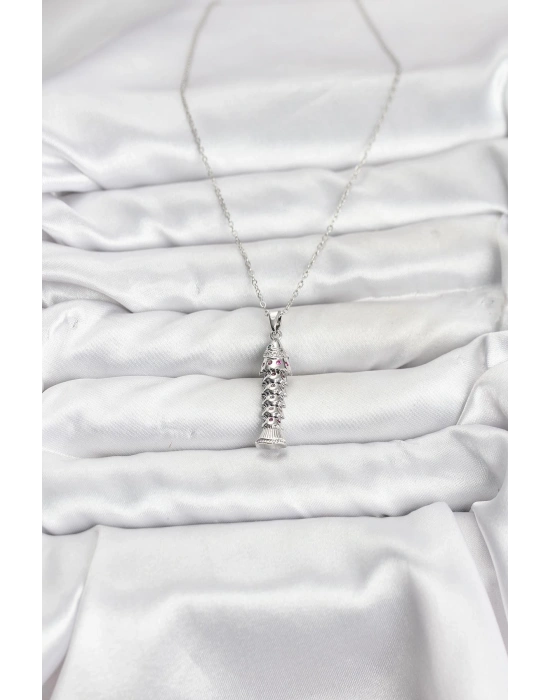 MuI MuI 316L Çelik Zincir Gümüş Renk Balık Model Zirkon Taşlı Kadın Kolye