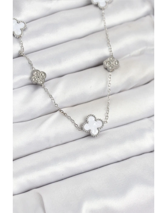 MuI MuI 316L Çelik Zincir Gümüş Renk Beyaz ve Zirkon Taşlı Yonca Kadın Kolye