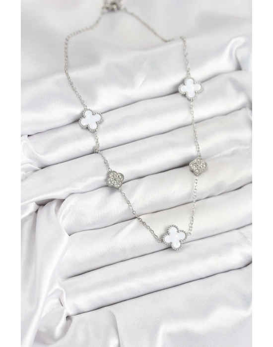 MuI MuI 316L Çelik Zincir Gümüş Renk Beyaz ve Zirkon Taşlı Yonca Kadın Kolye