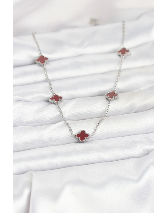 MuI MuI 316L Çelik Zincir Gümüş Renk Bordo Baby Boy Yonca Kadın Kolye