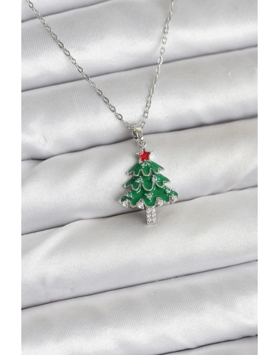 MuI MuI 316L Çelik Zincir Gümüş Renk Çam Ağacı Model Yılbaşı Temalı Kadın Kolye
