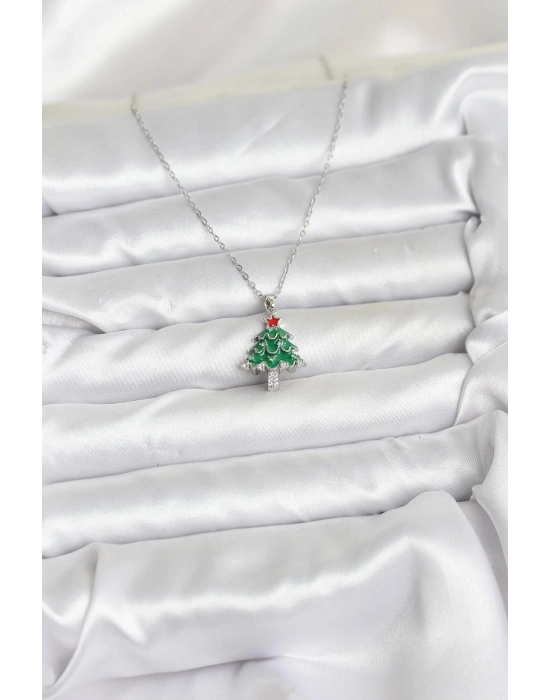 MuI MuI 316L Çelik Zincir Gümüş Renk Çam Ağacı Model Yılbaşı Temalı Kadın Kolye