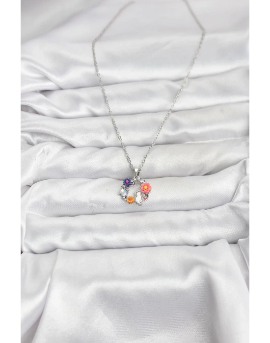 MuI MuI 316L Çelik Zincir Gümüş Renk Çiçekli Kedili Model Kadın Kolye