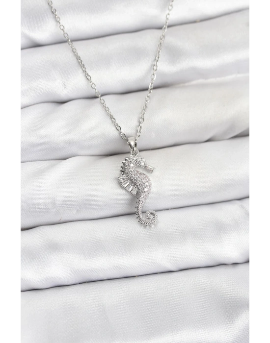 MuI MuI 316L Çelik Zincir Gümüş Renk Deniz Atı Model Zirkon Taşlı Kadın Kolye