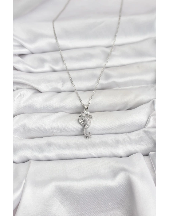 MuI MuI 316L Çelik Zincir Gümüş Renk Deniz Atı Model Zirkon Taşlı Kadın Kolye