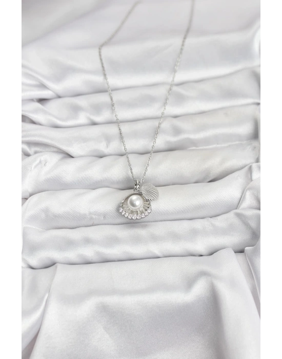 MuI MuI 316L Çelik Zincir Gümüş Renk İncili Deniz Kabuğu Model Zirkon Taşlı Kadın Kolye