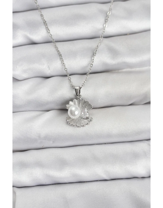 MuI MuI 316L Çelik Zincir Gümüş Renk İstiridye İnci Model Zirkon Taşlı Kadın Kolye