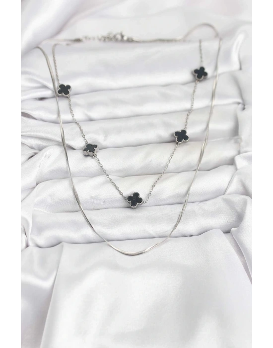 MuI MuI 316L Çelik Zincir Gümüş Renk İtalyan Zincirli Siyah Yonca Model Kadın Kolye