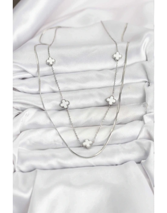 MuI MuI 316L Çelik Zincir Gümüş Renk İtalyan Zincirli Yonca Model Kadın Kolye