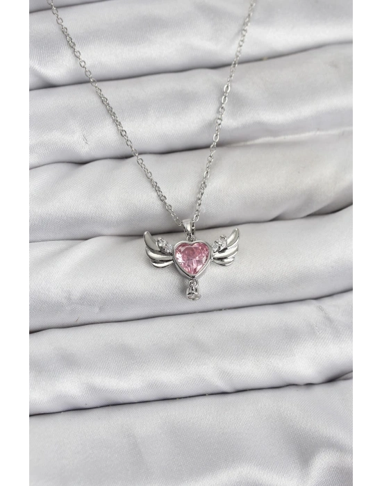 MuI MuI 316L Çelik Zincir Gümüş Renk Kanatlı Kalp Model Zirkon Taşlı Kadın Kolye