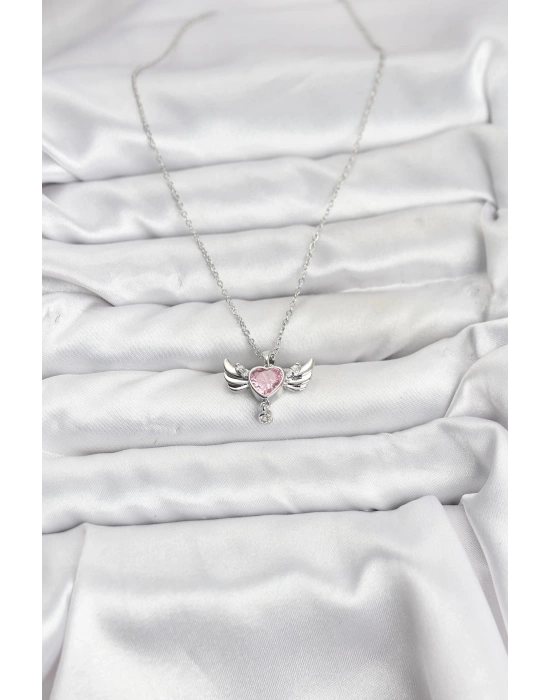 MuI MuI 316L Çelik Zincir Gümüş Renk Kanatlı Kalp Model Zirkon Taşlı Kadın Kolye