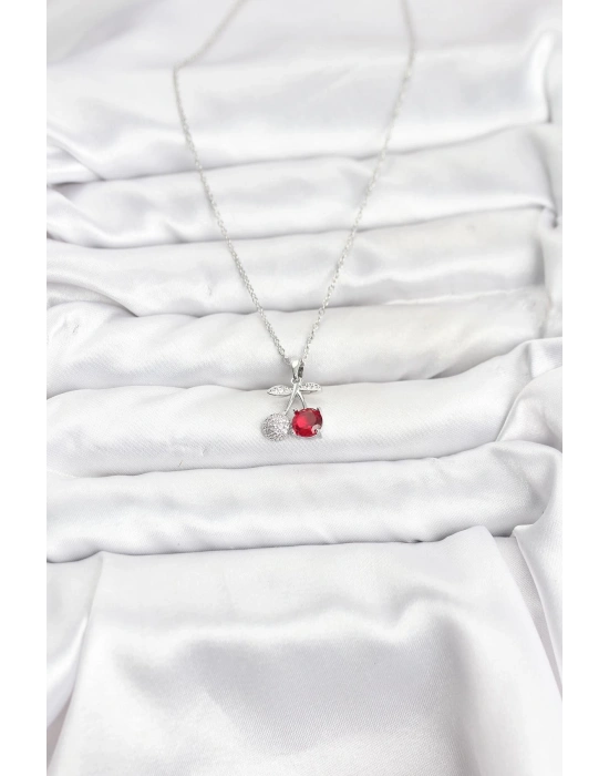 MuI MuI 316L Çelik Zincir Gümüş Renk Kiraz Model Zirkon Taşlı Kadın Kolye