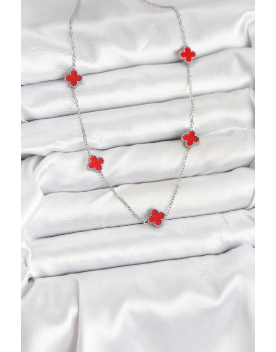 MuI MuI 316L Çelik Zincir Gümüş Renk Kırmızı Baby Boy Yonca Kadın Kolye