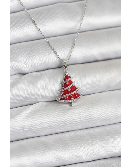 MuI MuI 316L Çelik Zincir Gümüş Renk Kırmızı Çam Ağacı Model Yılbaşı Temalı Kadın Kolye
