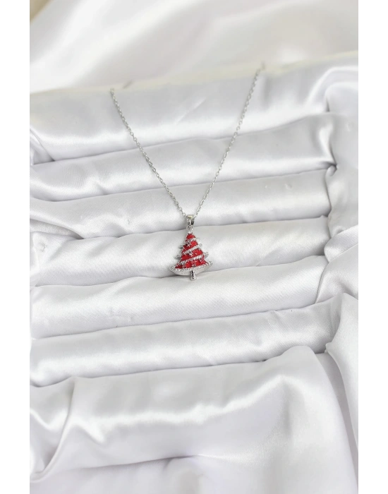 MuI MuI 316L Çelik Zincir Gümüş Renk Kırmızı Çam Ağacı Model Yılbaşı Temalı Kadın Kolye