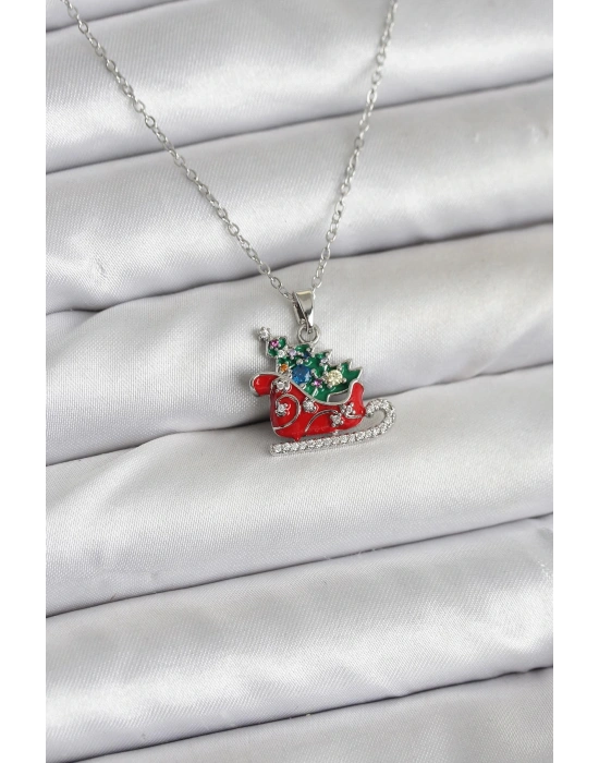 MuI MuI 316L Çelik Zincir Gümüş Renk Kızak ve Çam Ağacı Figürlü Yılbaşı Temalı Kadın Kolye