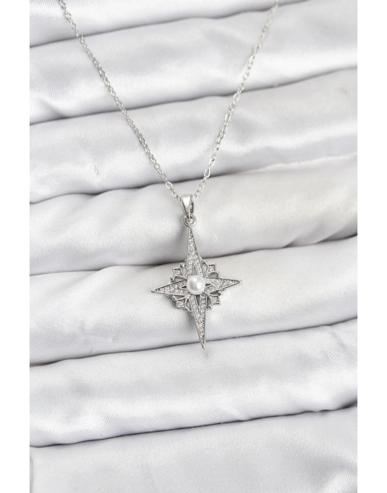 MuI MuI 316L Çelik Zincir Gümüş Renk Kutup Yıldızı Model Zirkon Taşlı Kadın Kolye