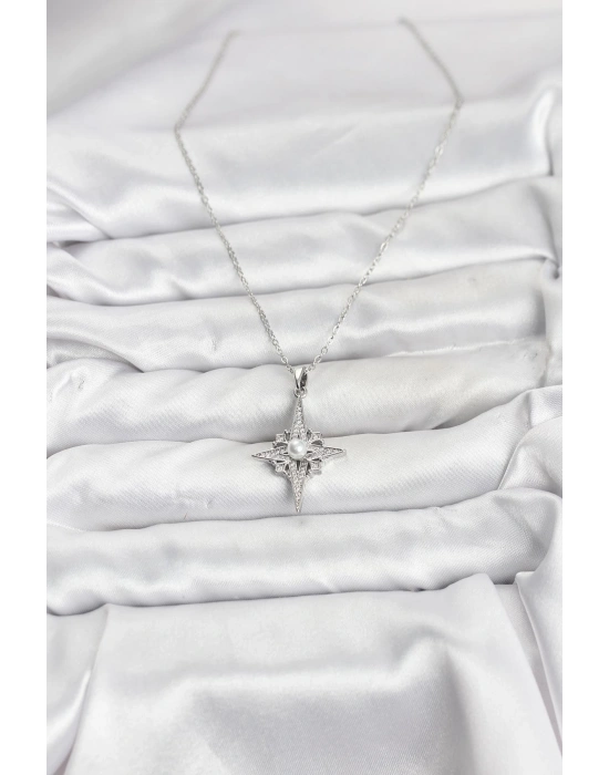 MuI MuI 316L Çelik Zincir Gümüş Renk Kutup Yıldızı Model Zirkon Taşlı Kadın Kolye