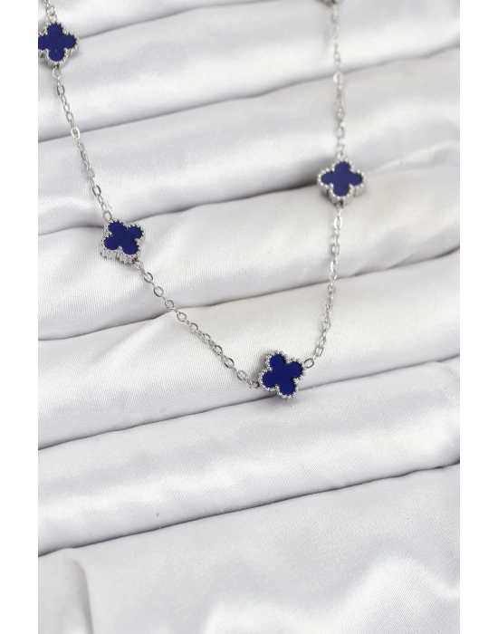 MuI MuI 316L Çelik Zincir Gümüş Renk Lacivert Baby Boy Yonca Kadın Kolye