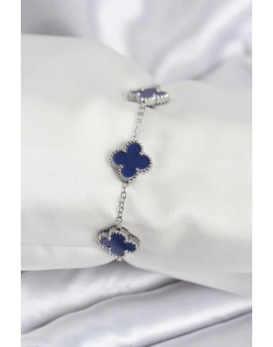 MuI MuI 316L Çelik Zincir Gümüş Renk Lacivert Yonca Kadın Bileklik