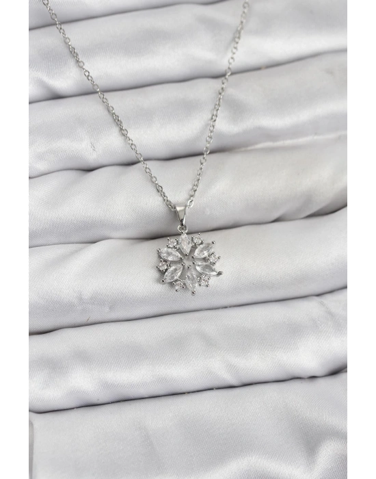 MuI MuI 316L Çelik Zincir Gümüş Renk Lotus Model Zirkon Taşlı Kadın Kolye