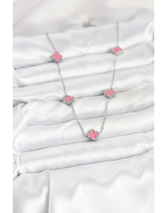 MuI MuI 316L Çelik Zincir Gümüş Renk Pembe Baby Boy Yonca Kadın Kolye