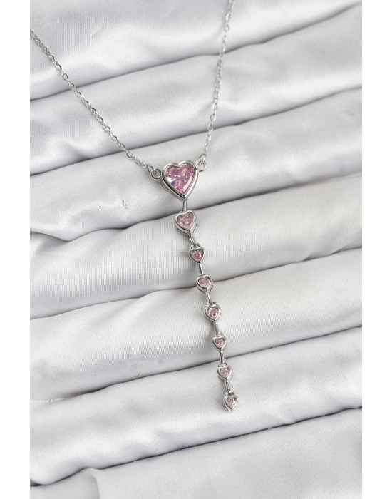 MuI MuI 316L Çelik Zincir Gümüş Renk Pembe Kalp Kadın Kolye