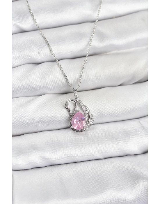 MuI MuI 316L Çelik Zincir Gümüş Renk Pembe Kuğu Model Zirkon Taşlı Kadın Kolye