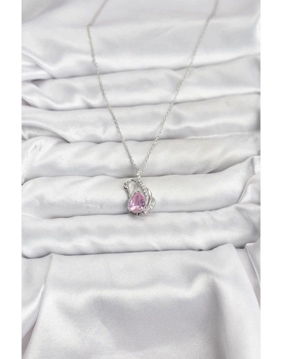 MuI MuI 316L Çelik Zincir Gümüş Renk Pembe Kuğu Model Zirkon Taşlı Kadın Kolye