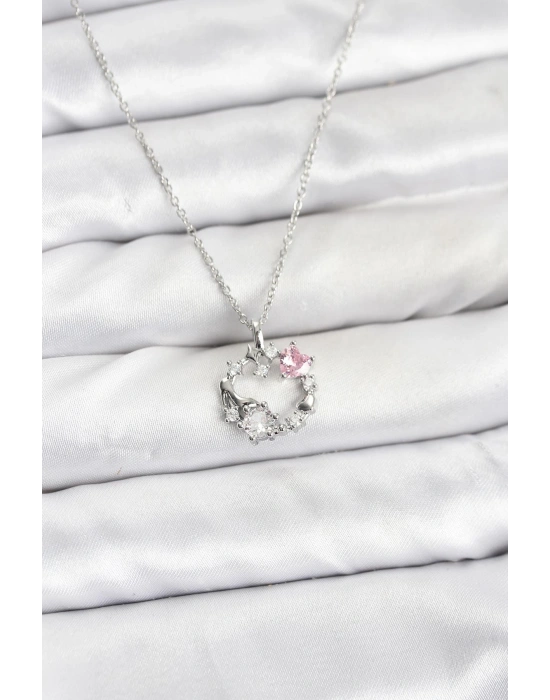 MuI MuI 316L Çelik Zincir Gümüş Renk Pembe Taş Detaylı Çelenk Model Kadın Kolye