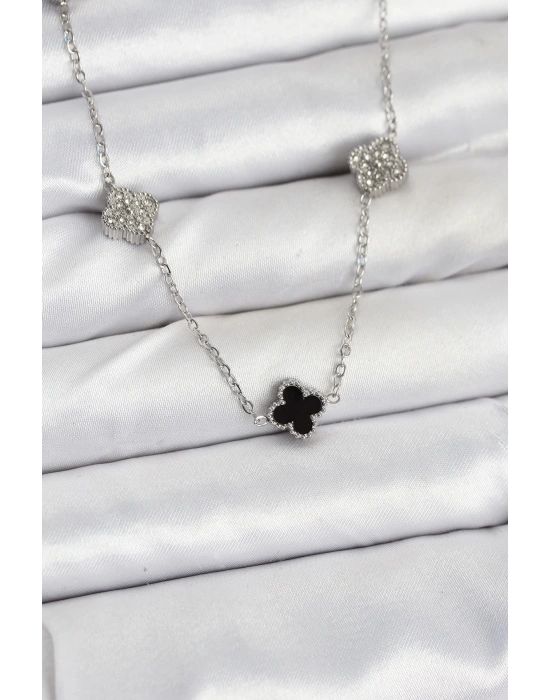 MuI MuI 316L Çelik Zincir Gümüş Renk Siyah ve Zirkon Taşlı Baby Boy Yonca Kadın Kolye