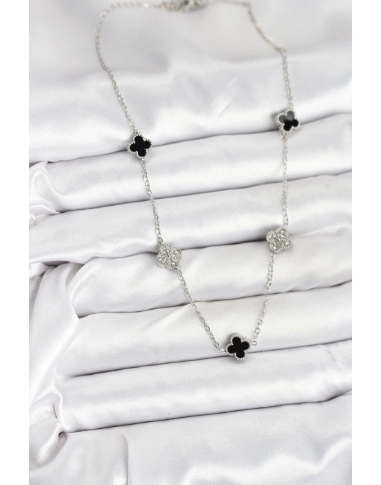 MuI MuI 316L Çelik Zincir Gümüş Renk Siyah ve Zirkon Taşlı Baby Boy Yonca Kadın Kolye