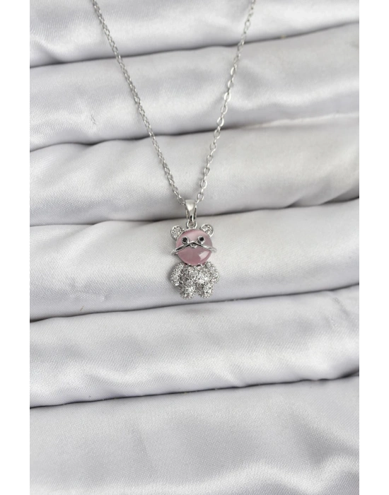 MuI MuI 316L Çelik Zincir Gümüş Renk Teddy Bear Model Zirkon Taşlı Kadın Kolye