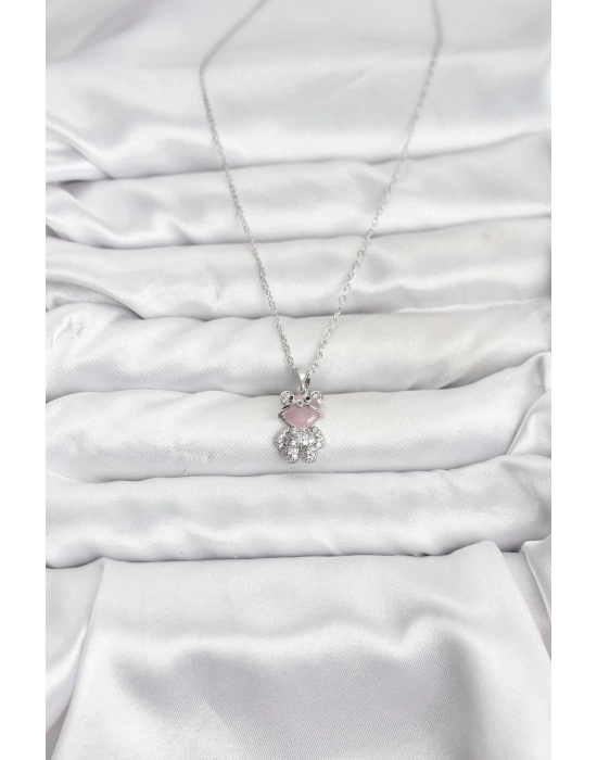 MuI MuI 316L Çelik Zincir Gümüş Renk Teddy Bear Model Zirkon Taşlı Kadın Kolye