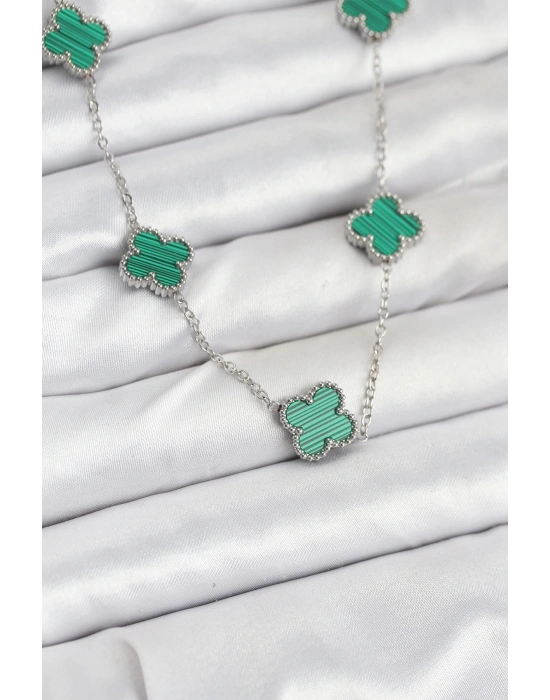 MuI MuI 316L Çelik Zincir Gümüş Renk Yeşil Yonca Kadın Kolye