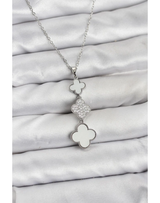 MuI MuI 316L Çelik Zincir Gümüş Renk Yonca Detaylı Zirkon Taşlı Kadın Kolye