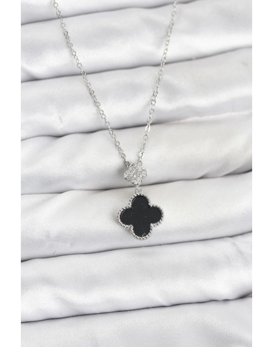 MuI MuI 316L Çelik Zincir Gümüş Renk Yonca Model Zirkon Taşlı Kadın Kolye