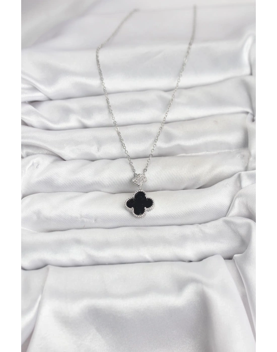 MuI MuI 316L Çelik Zincir Gümüş Renk Yonca Model Zirkon Taşlı Kadın Kolye