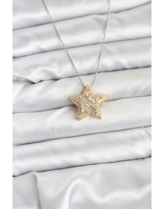 MuI MuI 316L Çelik Zincir Gümüş Renk Zincirli Gold Yıldız Model Kadın Kolye