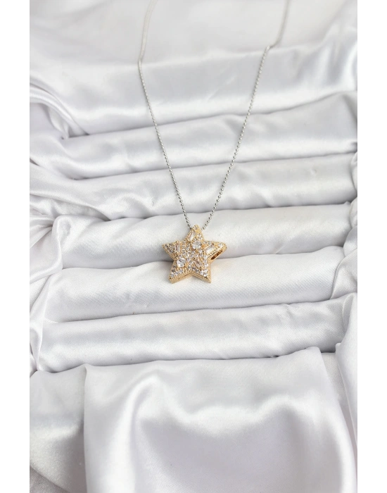 MuI MuI 316L Çelik Zincir Gümüş Renk Zincirli Gold Yıldız Model Kadın Kolye