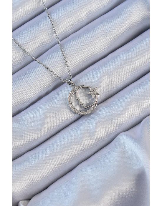 MuI MuI 316L Çelik Zincir Gümüş Renk Zirkon Taşlı Ay Yıldız Simgeli Atatürk Kolye