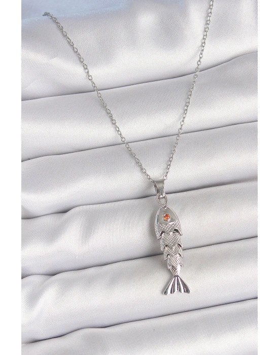 MuI MuI 316L Çelik Zincir Gümüş Renk Zirkon Taşlı Balık Figürlü Kolye