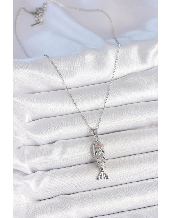 MuI MuI 316L Çelik Zincir Gümüş Renk Zirkon Taşlı Balık Figürlü Kolye