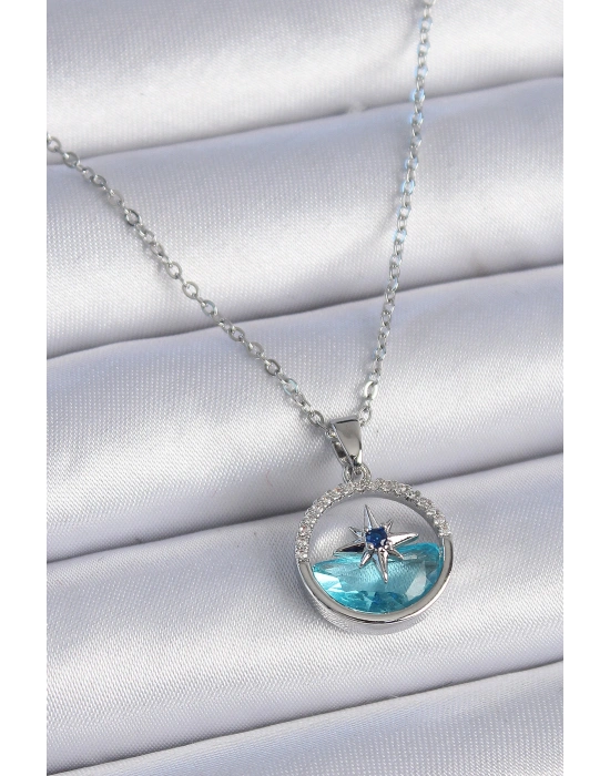 MuI MuI 316L Çelik Zincir Gümüş Renk Zirkon Taşlı Deniz Görünüm Kutup Yıldızı Kolye