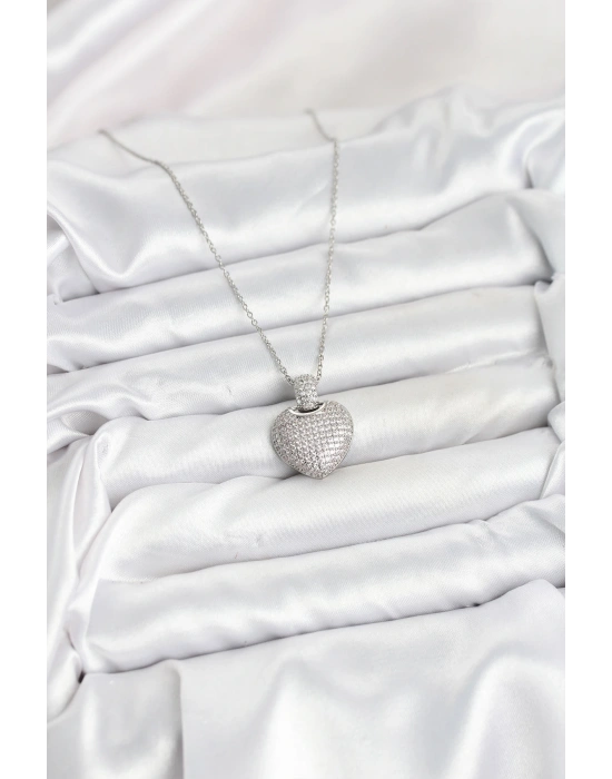 MuI MuI 316L Çelik Zincir Gümüş Renk Zirkon Taşlı Kalpli Kadın Kolye