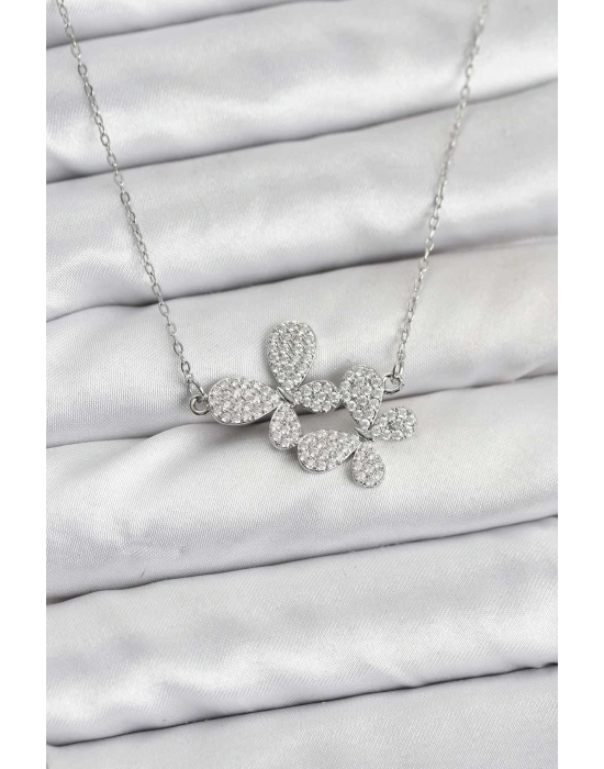 MuI MuI 316L Çelik Zincir Gümüş Renk Zirkon Taşlı Kelebek Model Kadın Kolye