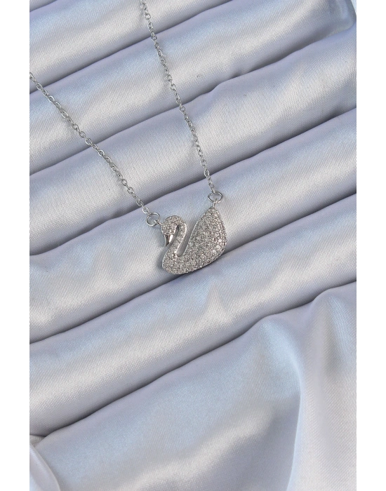 MuI MuI 316L Çelik Zincir Gümüş Renk Zirkon Taşlı Kuğu Kolye