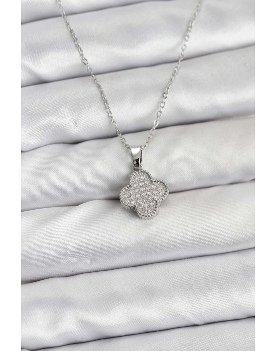 MuI MuI 316L Çelik Zincir Gümüş Renk Zirkon Taşlı Yonca Model Kadın Kolye