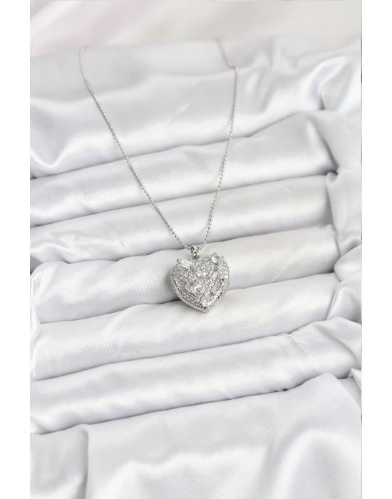 MuI MuI 316L Çelik Zincir Gümüş Zirkon Taşlı Kalpli Kadın Kolye