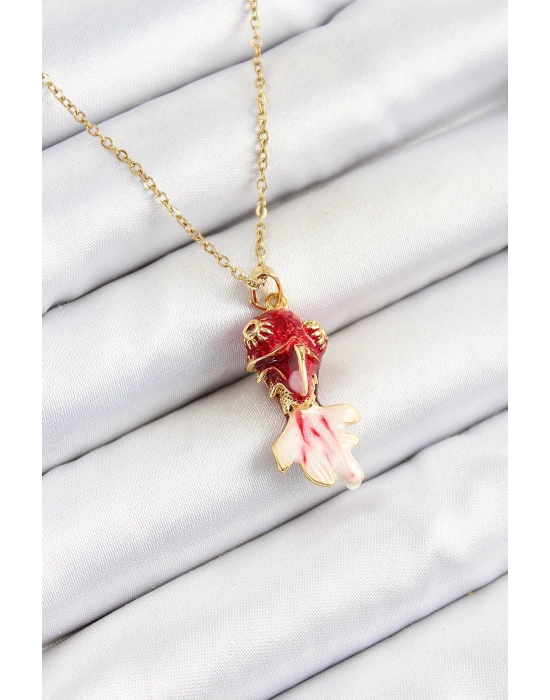 MuI MuI 316L Çelik Zincir Kırmızı Balık Model Gold Renk Kadın Kolye